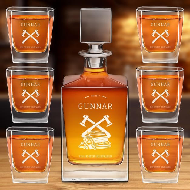 Cube Whisky Karaffe mit 6 Gläsern und Gravur für einen echten Holzfäller