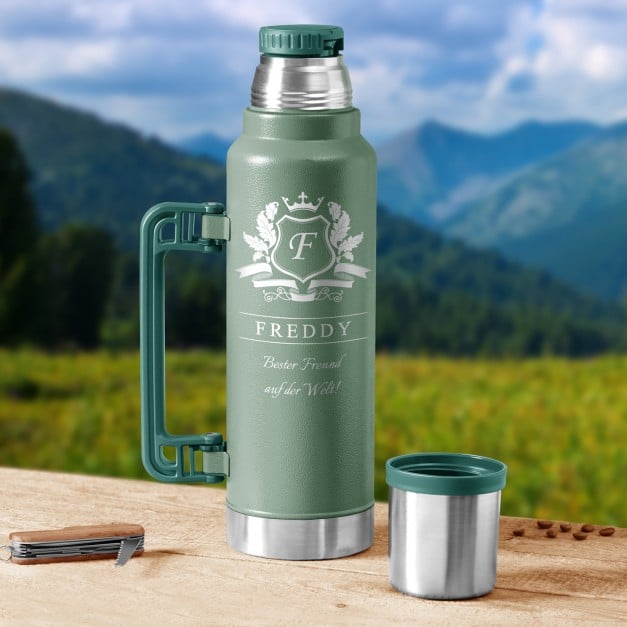 Grüne Thermosflasche mit Gravur und Trinkbecher für Ihren Freund zum Ehrentag Valentinstag