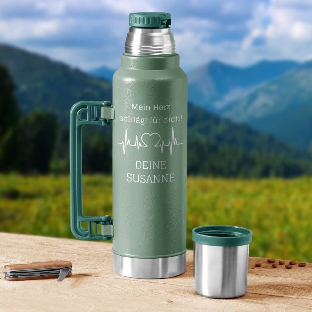 Grüne Thermosflasche mit Gravur und Trinkbecher für Ihren Freund Ehemann zum Valentinstag Jahrestag