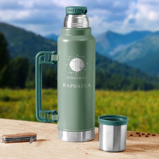 Grüne Thermosflasche mit Gravur und Trinkbecher für sie Ihre Lehrerin Klassenlehrerin zum Ehrentag Geburtstag