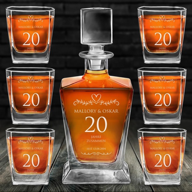Pyramid Whisky Karaffe mit 6 Gläsern und Gravur für ein Ehepaar zum 20. Hochzeitstag