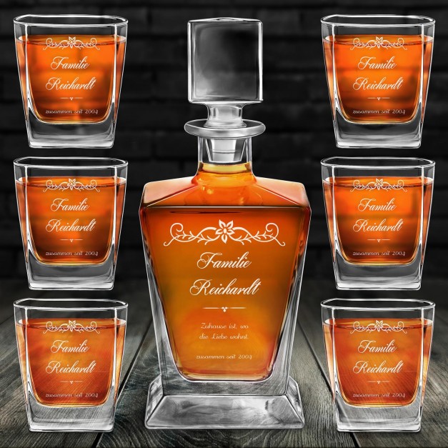 Pyramid Whisky Karaffe mit 6 Gläsern und Gravur für ein Paar zur Hochzeit, Einweihungsparty, zum Hochzeitsjubiläum