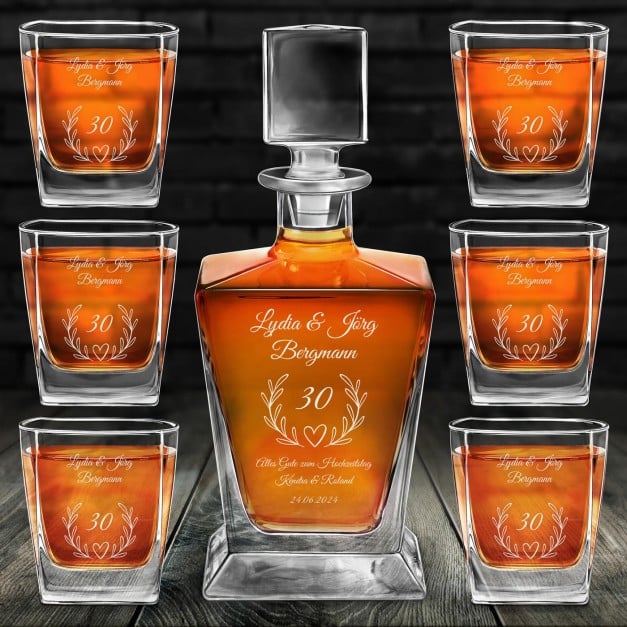 Pyramid Whisky Karaffe mit 6 Gläsern und Gravur für ein Ehepaar zum 30. Hochzeitstag