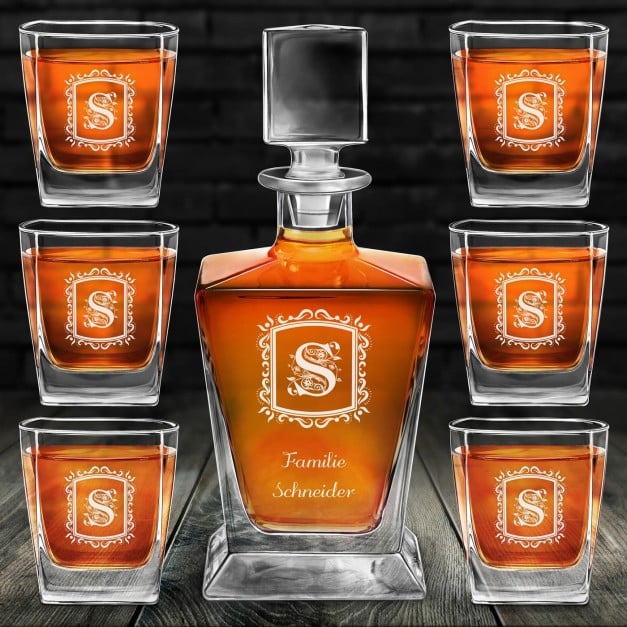 Pyramid Whisky Karaffe mit 6 Gläsern und Gravur zur Hochzeit, zum Hochzeitstag oder Einzug