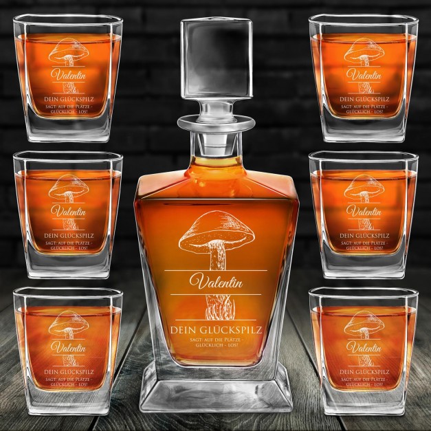 Pyramid Whisky Karaffe mit 6 Gläsern und Gravur für einen Pilzsammler zum Jubiläum