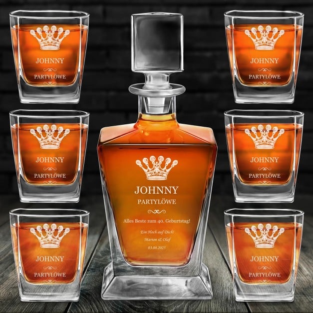 Pyramid Whisky Karaffe mit 6 Gläsern und Gravur für einen Partymenschen zum 40. Geburtstag