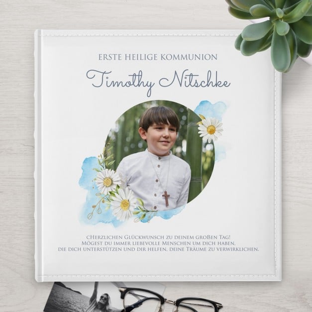 Fotoalbum mit Aufdruck zum Einstecken für einen Jungen zur Kommunion Gänseblümchen