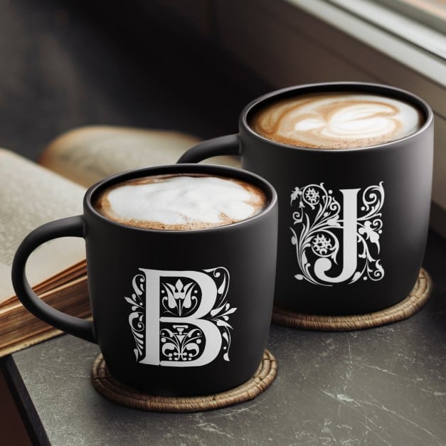 2 Keramik-Kaffeetassen mit Gravur Schwarz/Matt für ein Paar zur Trauung zum Hochzeitstag zum Einzug