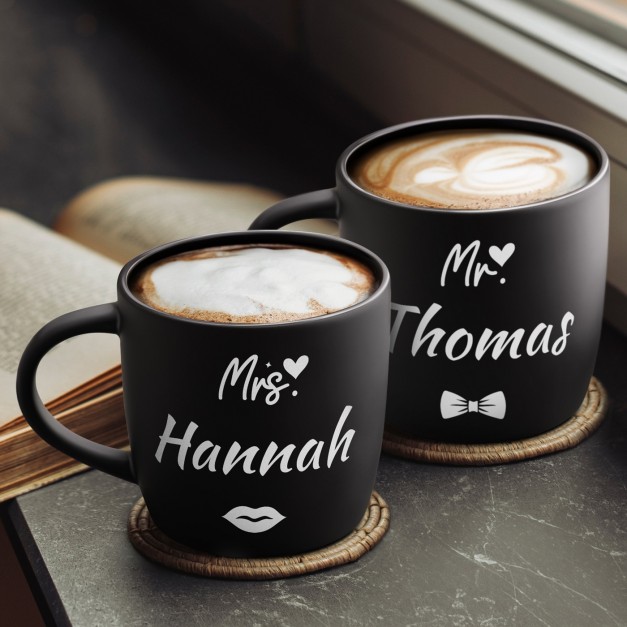2 Keramik-Kaffeetassen mit Gravur Schwarz/Matt für ein Paar zur Eheschließung zum Hochzeitstag zum Einzug
