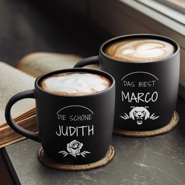2 Keramik-Kaffeetassen mit Gravur Schwarz/Matt für ein Paar Ihre Ehefrau zum Hochzeitstag Valentinstag