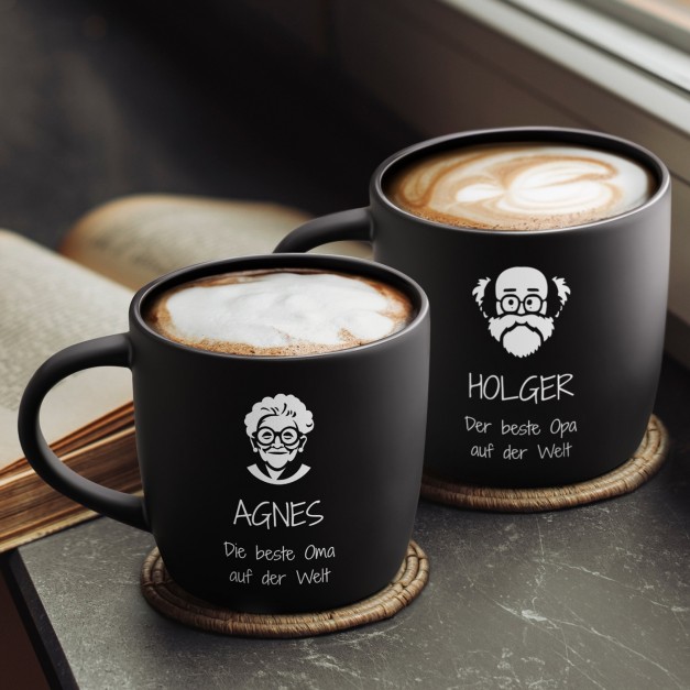 2 Keramik-Kaffeetassen mit Gravur Schwarz/Matt für Ihre Großeltern zum Ehrentag als Dankeschön zum Jubiläum