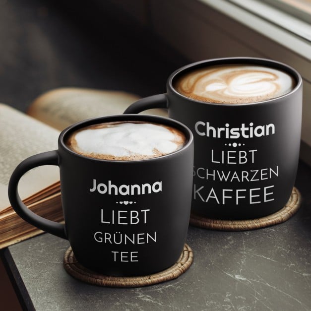 2 Keramik-Kaffeetassen mit Gravur Schwarz/Matt für ein Brautpaar zur Hochzeit ein Paar zum Hochzeitstag Einzug