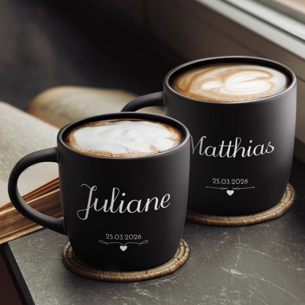 2 Keramik-Kaffeetassen mit Gravur Schwarz/Matt für ein Paar zur Hochzeit zum Hochzeitstag zur Einweihung