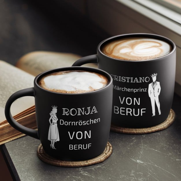 2 Keramik-Kaffeetassen mit Gravur Schwarz/Matt für ein Paar zur Hochzeit zum Jahrestag zur Einweihung