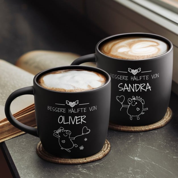 2 Keramik-Kaffeetassen mit Gravur Schwarz/Matt für ein Paar Ihre Ehefrau Ihren Ehemann zum Valentinstag Jahrestag