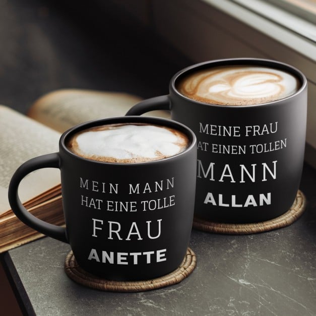 2 Keramik-Kaffeetassen mit Gravur Schwarz/Matt für ein Paar Ihre Ehefrau Ihren Ehemann zum Hochzeitstag Valentinstag