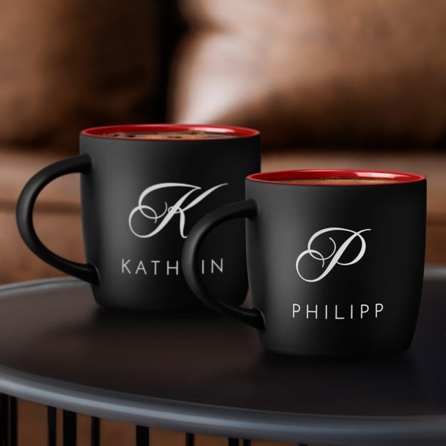 2 Keramikbecher mit Gravur Schwarz/Matt Innen Rot für ein Paar zur Hochzeit, zum Jahrestag, zur Einweihungparty