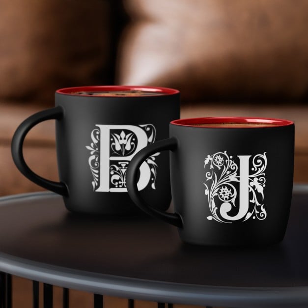 2 Keramikbecher mit Gravur Schwarz/Matt Innen Rot für ein Paar zur Hochzeit, zum Jahrestag, zur Einweihungparty