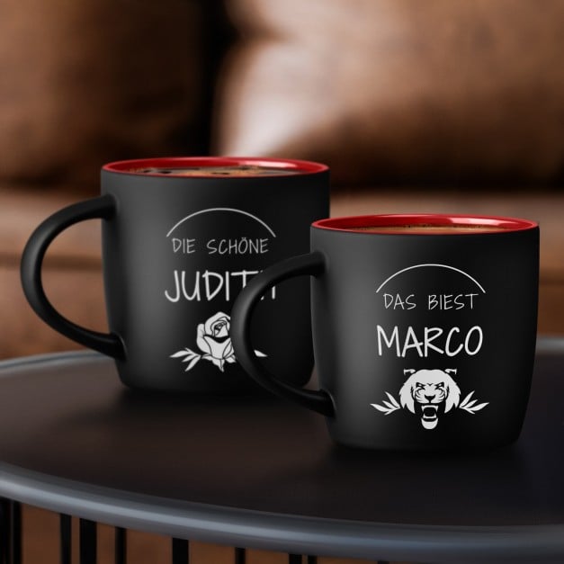 2 Keramikbecher mit Gravur Schwarz/Matt Innen Rot für ein Paar