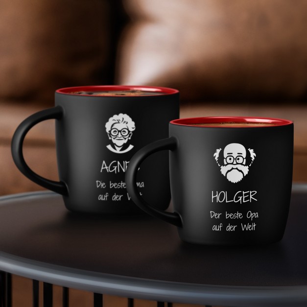 2 Keramikbecher mit Gravur Schwarz/Matt Innen Rot für Ihre Großeltern zum Ehrentag als Dankeschön zum Jubiläum