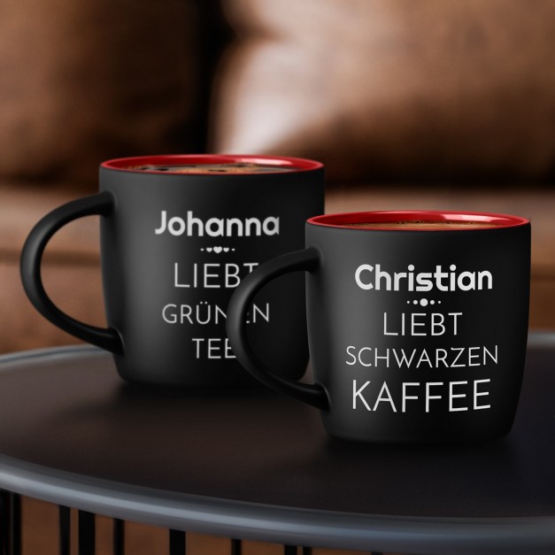 2 Keramikbecher mit Gravur Schwarz/Matt Innen Rot für ein Paar zur Hochzeit Einweihungparty zum Jahrestag