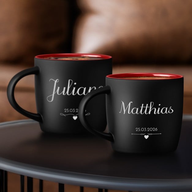 2 Keramikbecher mit Gravur Schwarz/Matt Innen Rot für ein Paar zur Hochzeit