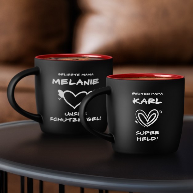 2 Keramikbecher mit Gravur Schwarz/Matt Innen Rot für Ihre Eltern als Dankeschön