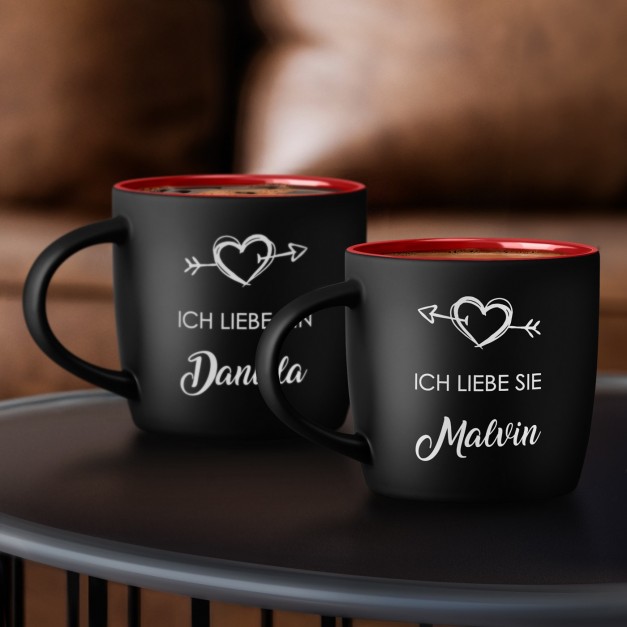 2 Keramikbecher mit Gravur Schwarz/Matt Innen Rot für Verliebte zur Trauung zum Jahrestag Valentinstag