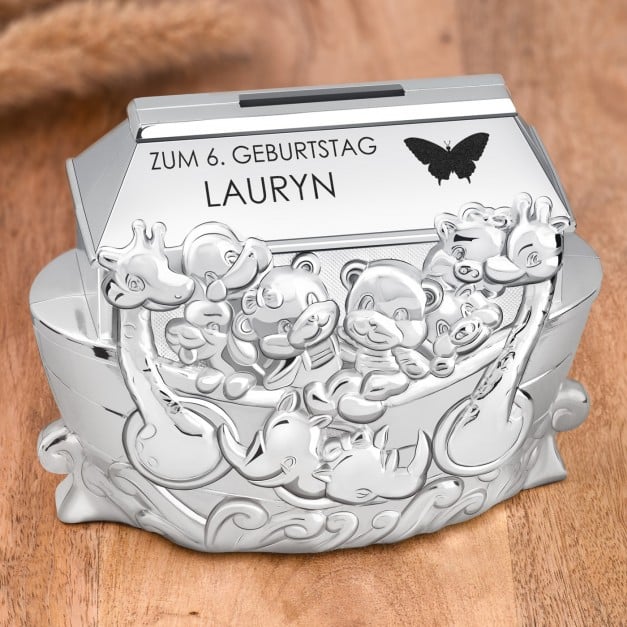 Versilberte Arche-Noah-Sparbüchse mit Gravur für ein Mädchen zum Geburtstag