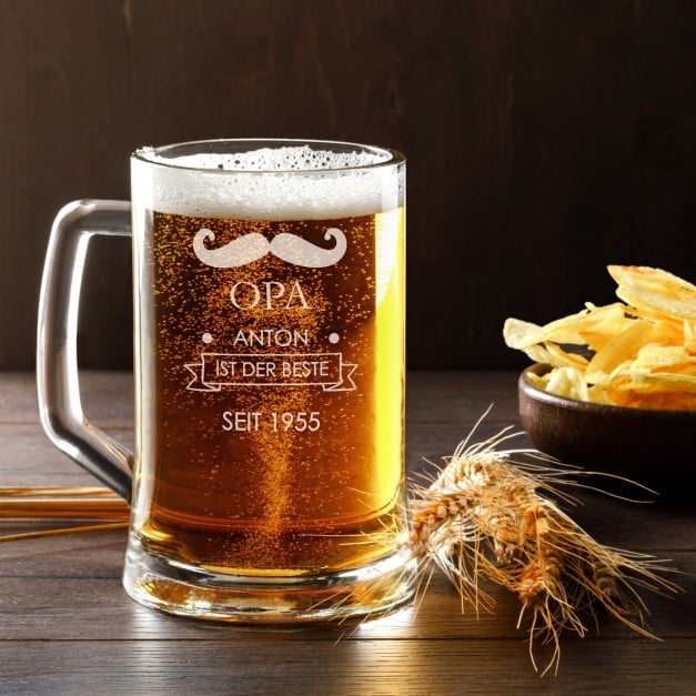 Bierkrug aus Glas mit Gravur für Ihren Opa