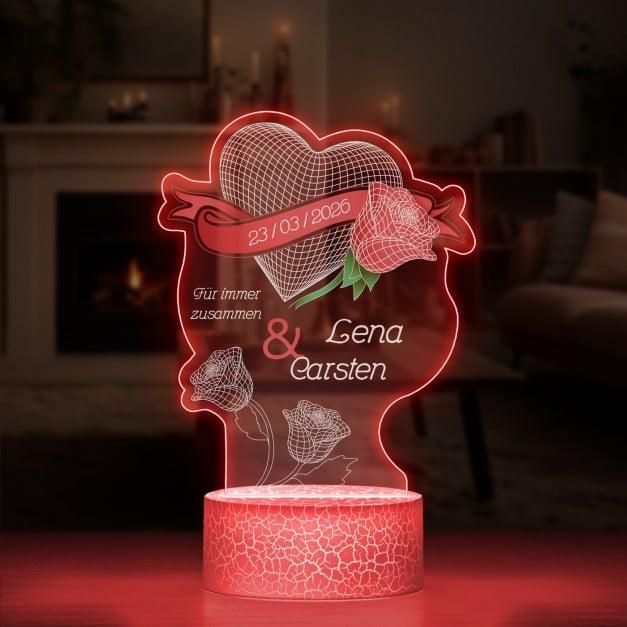 Nachtlicht mit buntem Aufdruck und LED-Sockel für ein Ehepaar zum Hochzeitstag
