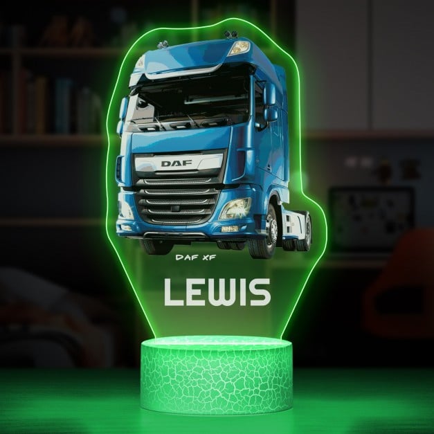 Nachtlicht mit buntem Aufdruck und LED-Sockel für einen LKW-Fahrer zum Namenstag