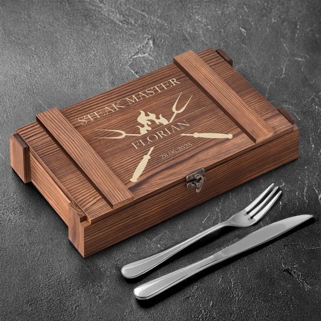 Steakbesteck Set für 6 Personen in einer Holzbox mit Gravur für einen Mann