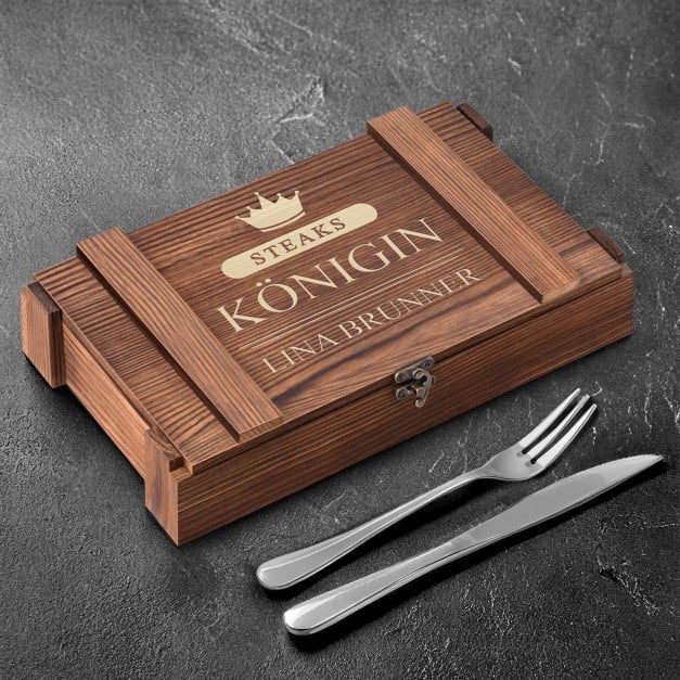 Steakbesteck Set für 6 Personen in einer Holzbox mit Gravur für sie zum Geburtstag
