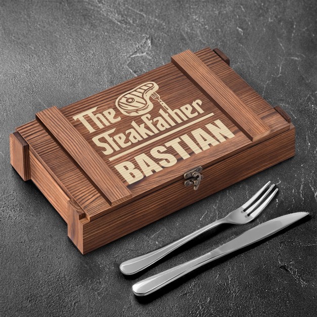 Steakbesteck Set für 6 Personen in einer Holzbox mit Gravur für einen Kinoliebhaber