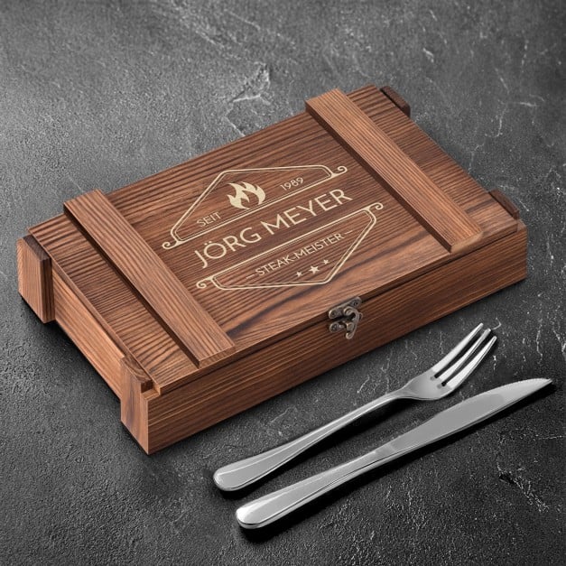 Steakbesteck Set für 6 Personen in einer Holzbox mit Gravur für ihn zum Geburtstag