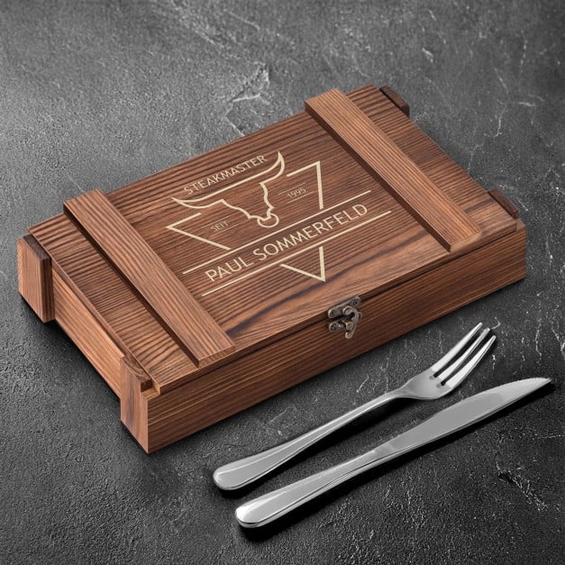 Steakbesteck Set für 6 Personen in einer Holzbox mit Gravur für ihn