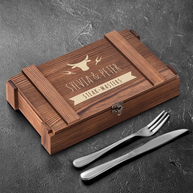 Steakbesteck Set für 6 Personen in einer Holzbox mit Gravur für ein Paar zum Einzug