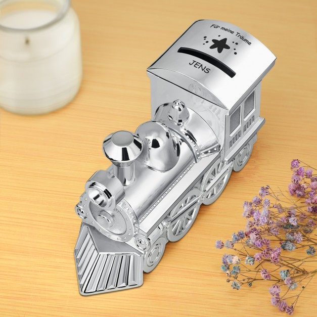 Versilberte Eisenbahn-Sparbüchse mit Gravur für ein Kind einen Jungen zum Ehrentag