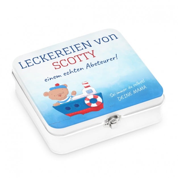 Weiße Metall-Lunchbox mit Aufdruck für einen Jungen zum Ehrentag