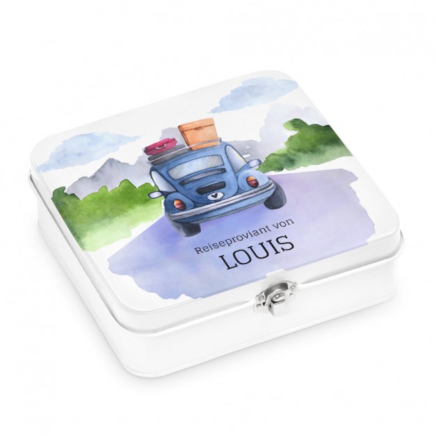 Weiße Metall-Lunchbox mit Aufdruck für einen Globetrotter Autofahrer Autofan zum Ehrentag