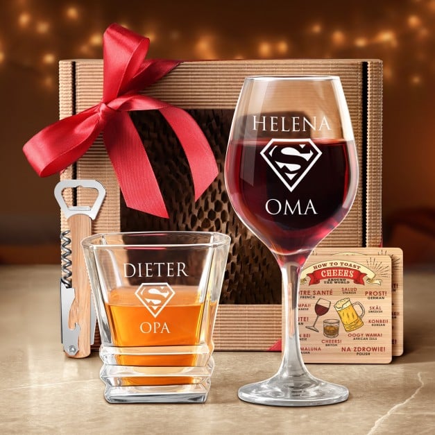 Wein- und Whisky Geschenk-Set mit Öffner und Untersetzer für ein Ihre Oma und Ihren Opa