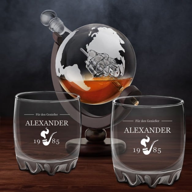 Whisky Karaffe in Globusform mit Schiff mit 2 Gläsern für einen Whiskygenießer