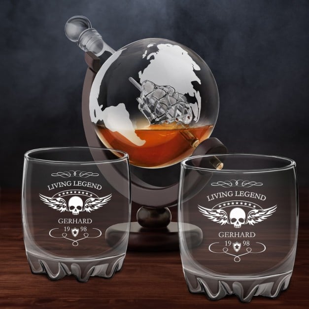 Whisky Karaffe in Globusform mit Schiff mit 2 Gläsern für einen Motorradfan