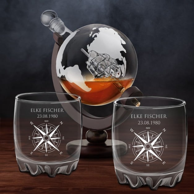 Whisky Karaffe in Globusform mit Schiff mit 2 Gläsern für eine Weltenbummlerin