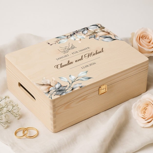 XL Kreative Erinnerungsbox aus Kiefernholz mit Aufruck für ein Herzenspaar zur Hochzeit, zum Hochzeitstag