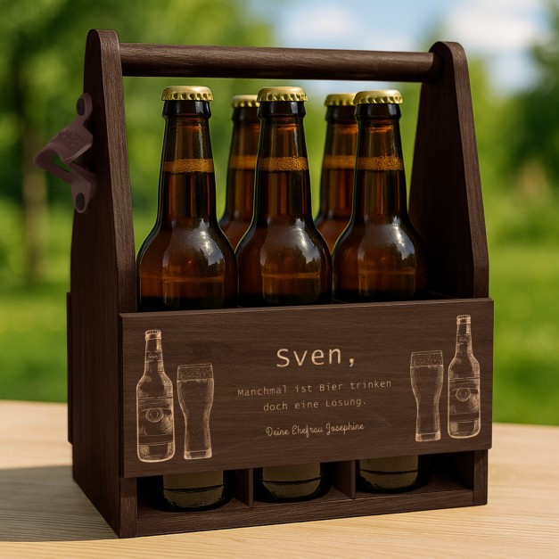 Bierträger aus Holz mit Flaschenöffner und Gravur für Ihren Ehemann