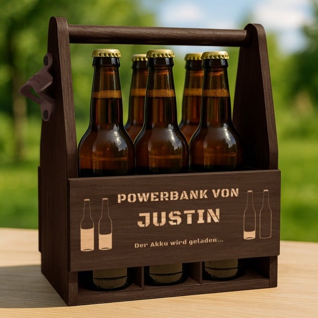 Bierträger aus Holz mit Flaschenöffner und Gravur für ihn, einen Mann