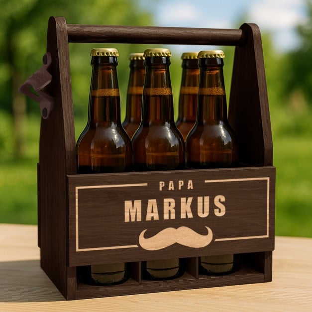 Bierträger aus Holz mit Flaschenöffner und Gravur für Ihren Papa