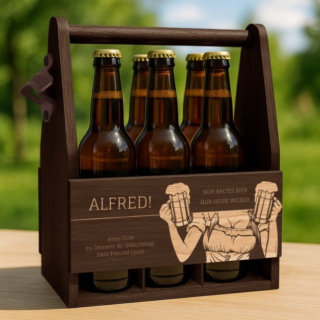 Bierträger aus Holz mit Flaschenöffner und Gravur für Ihren besten Freund zum 30. Geburtstag